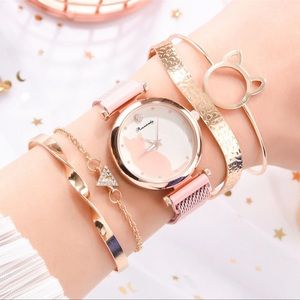 New 5 Piece Pink Cat Woman’s Quartz 9k Gold Rose Gold Watch Bracelet Bangle Set